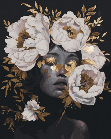 Set pictura pe numere, cu sasiu, Fata cu bujori albi- canvas negru, 40x50 cm [0]