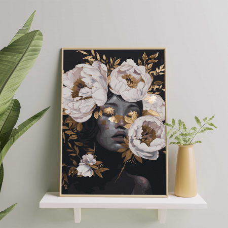 Set pictura pe numere, cu sasiu, Fata cu bujori albi- canvas negru, 40x50 cm [2]