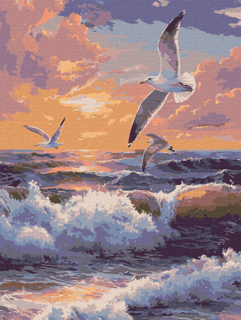 Picturi pe numere dimensiuni mici și medii – ușor de realizat, perfecte pentru orice spațiu - Set pictura pe numere, cu sasiu, Zbor deasupra valurilor, 30x40 cm