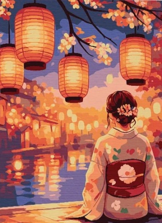 Picturi pe numere - Set pictura pe numere, pe carton intarit, Festivalul lanternelor, 24.5 x 32.5 cm