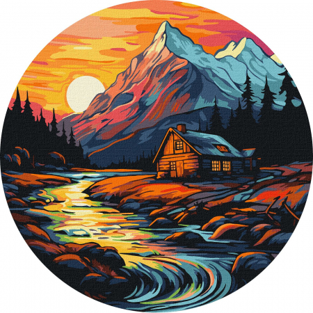 Set pictura pe numere rotunda, cu sasiu, Casuta langa rau, Ø33 cm