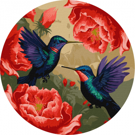 Rotunde - Set pictura pe numere rotunda, cu sasiu, Colibri colorati - culori metalizate, Ø39 cm
