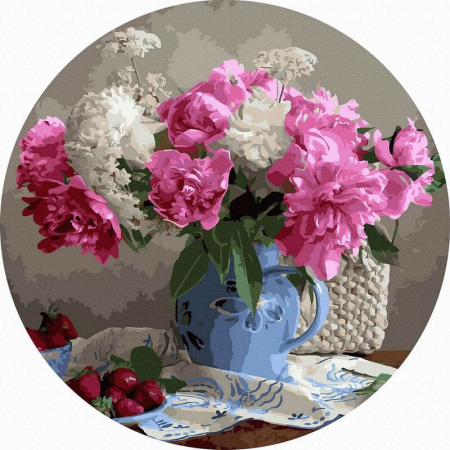 Set pictura pe numere rotunda, cu sasiu, Bujori, Ø40cm [0]