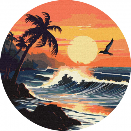 Set pictura pe numere rotunda, cu sasiu, Rasarit la malul marii, Ø39cm [0]