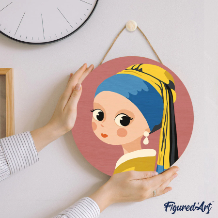 Set pictura pe numere rotunda, pe lemn, Fetita cu cercel de perla, Ø30cm [4]