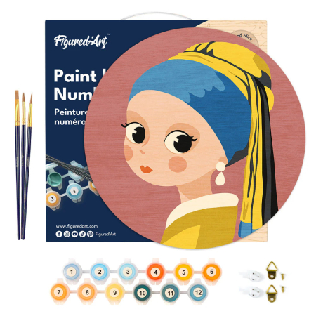 Set pictura pe numere rotunda, pe lemn, Fetita cu cercel de perla, Ø30cm [3]