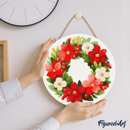 Set pictura pe numere rotunda, pe lemn, Coronita de flori rosii, Ø30cm [2]