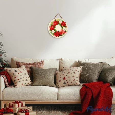 Set pictura pe numere rotunda, pe lemn, Coronita de flori rosii, Ø30cm [5]