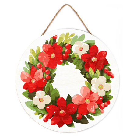 Set pictura pe numere rotunda, pe lemn, Coronita de flori rosii, Ø30cm