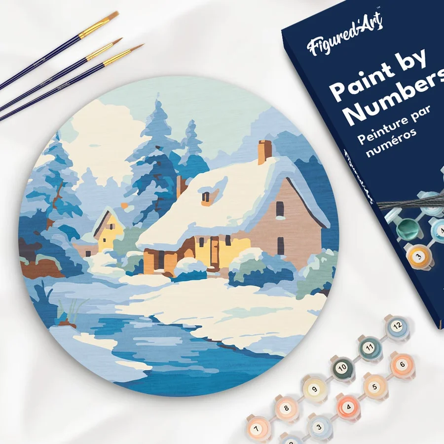 Set pictura pe numere rotunda, pe lemn, Casuta iarna, Ø30cm [1]