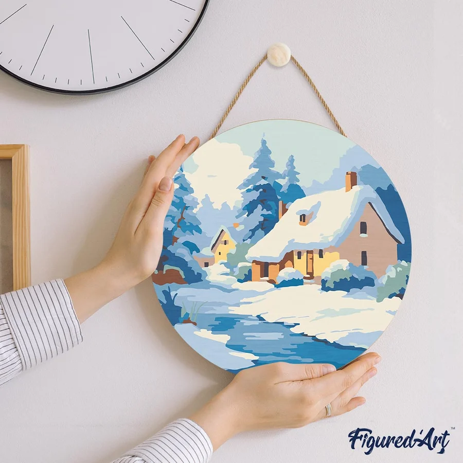 Set pictura pe numere rotunda, pe lemn, Casuta iarna, Ø30cm [5]