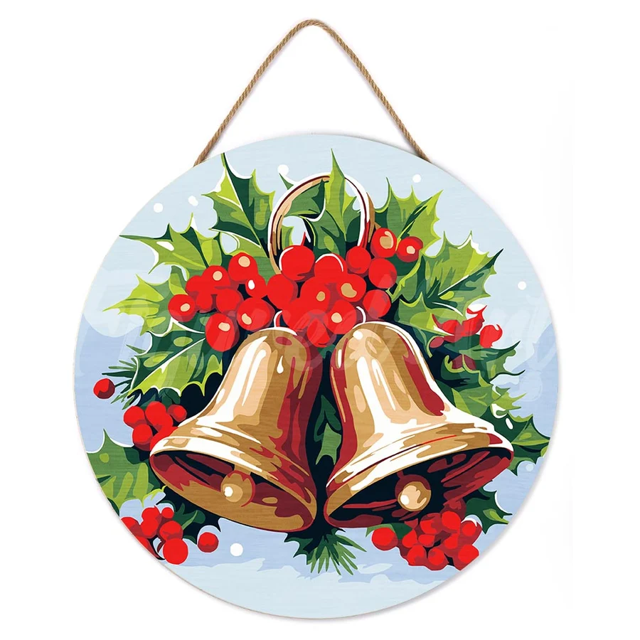 Picturi pe numere rotunde – format original pe pânză sau suport din lemn - Set pictura pe numere rotunda, pe lemn, Clopotei de Craciun, Ø30cm