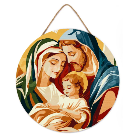 Picturi pe numere rotunde – format original pe pânză sau suport din lemn - Set pictura pe numere rotunda, pe lemn, Sfanta familie, Ø30cm