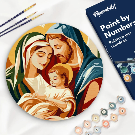 Set pictura pe numere rotunda, pe lemn, Sfanta familie, Ø30cm [3]