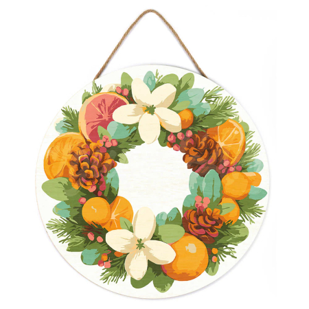 Picturi pe numere rotunde – format original pe pânză sau suport din lemn - Set pictura pe numere rotunda, pe lemn, Coronita cu portocale, Ø30cm