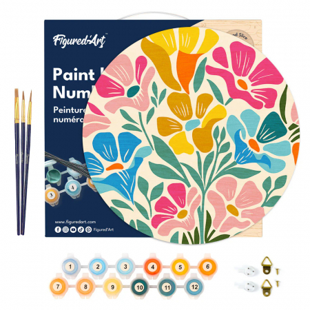 Set pictura pe numere rotunda, pe lemn, Motive florale, Ø30cm [3]