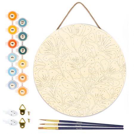 Set pictura pe numere rotunda, pe lemn, Motive florale, Ø30cm [1]