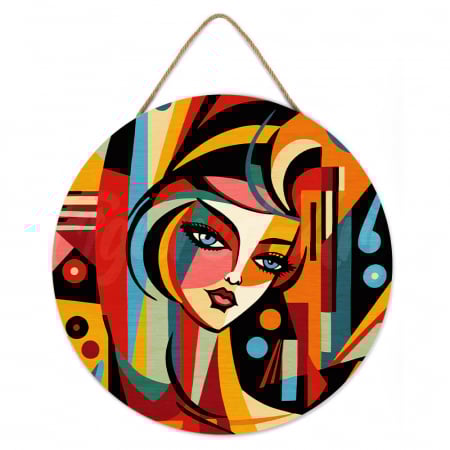 Set pictura pe numere rotunda, pe lemn, Portret de femeie in stil Picasso, Ø30cm