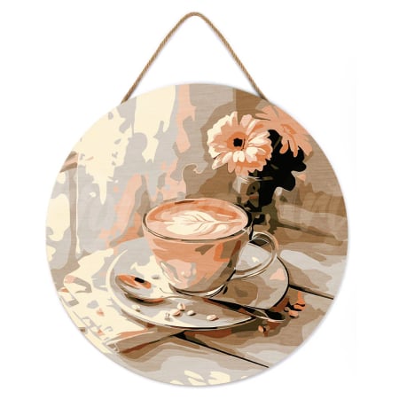 Picturi pe numere - Set pictura pe numere rotunda, pe lemn, Cafeaua de dimineata, Ø30cm
