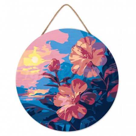 Rotunde - Set pictura pe numere rotunda, pe lemn, Hibiscus la apus, Ø30cm