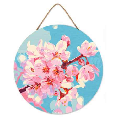 Rotunde - Set pictura pe numere rotunda, pe lemn, Flori de cires, Ø30cm