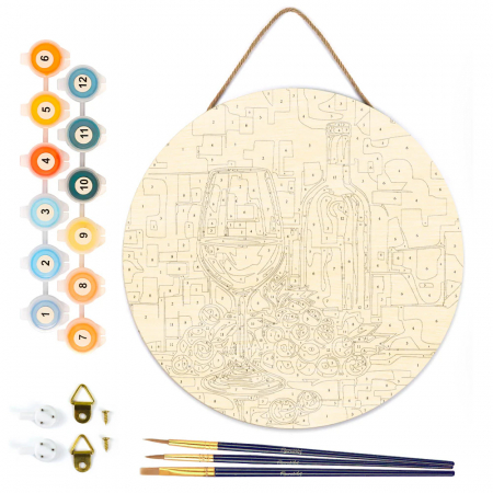 Set pictura pe numere rotunda, pe lemn, Vin si struguri, Ø30cm [3]