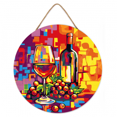 Picturi pe numere - Set pictura pe numere rotunda, pe lemn, Vin si struguri, Ø30cm