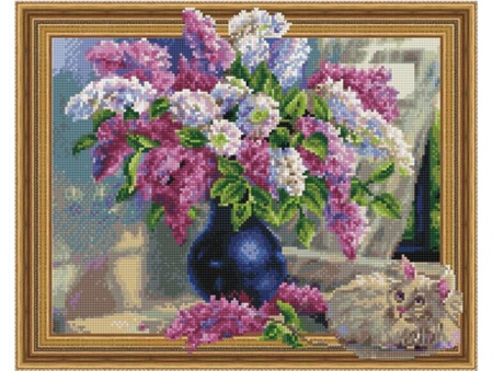 Diamante rotunde - Set goblen cu diamante, cu sasiu, Pisica si florile de liliac, 40x50 cm
