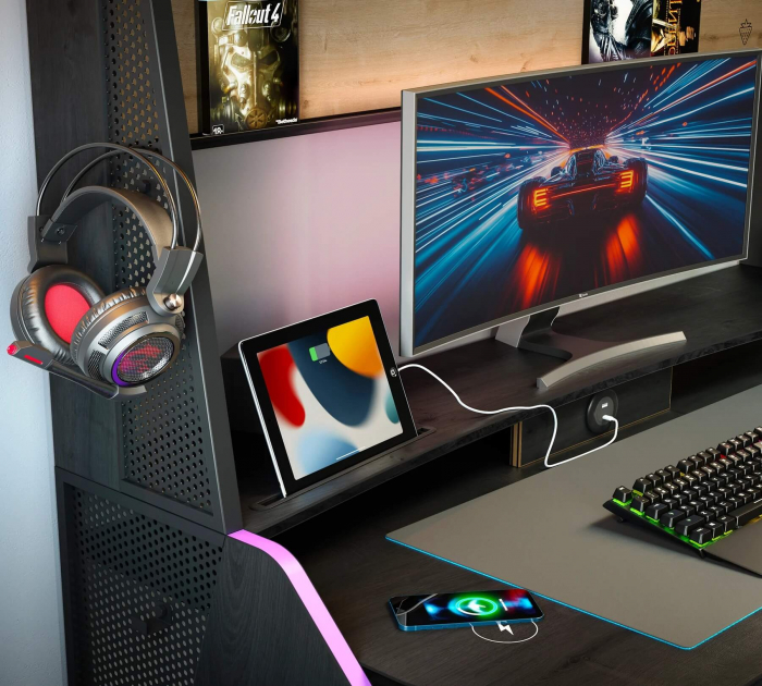 Birou gaming cu unitate superioară și iluminare RGB – Colecția Black (142x72x154 cm) [5]