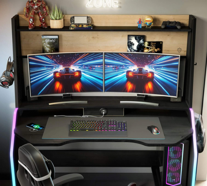 Birou gaming cu unitate superioară și iluminare RGB – Colecția Black (142x72x154 cm) [4]
