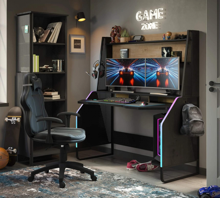 Birou gaming cu unitate superioară și iluminare RGB – Colecția Black (142x72x154 cm) [3]