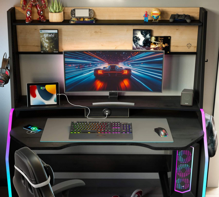 Birou gaming cu unitate superioară și iluminare RGB – Colecția Black (142x72x154 cm) [6]