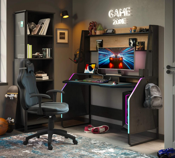 Birou gaming cu unitate superioară și iluminare RGB – Colecția Black (142x72x154 cm) [2]