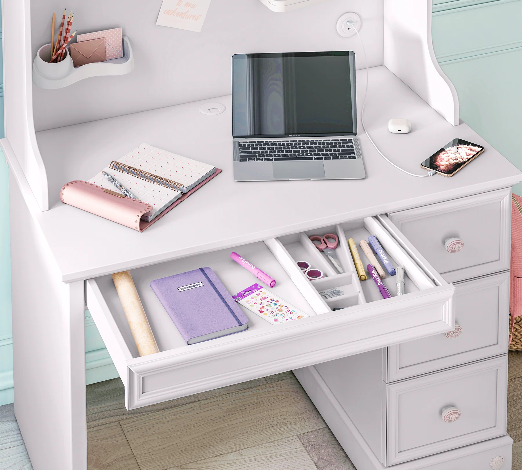 Set Studiu Complet Rustic White – Birou mic + Biblioteca + Unitate Superioara - Cilek [2]