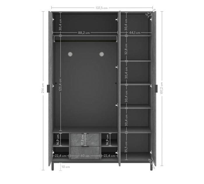 Dulap cu 3 usi pentru adolescenti, 137x214x59 cm, colectia Space Gray [6]