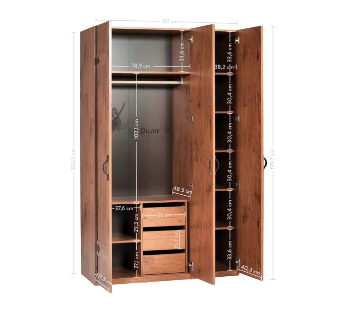 Dulap cu 3 usi, pentru copii Pirate Brown, 121x54x203 cm [6]