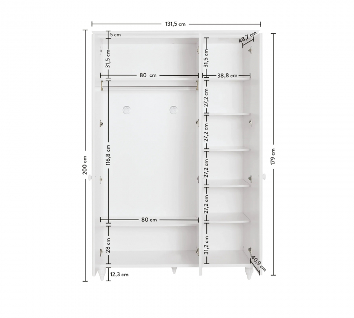 Dulap cu 3 usi pentru copii si tineret Romantica White, 131x56x200 cm [7]