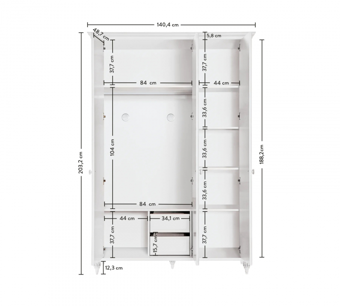 Dulap cu 3 usi, pentru copii si tineret Romantic White, 140x58x203 cm [7]
