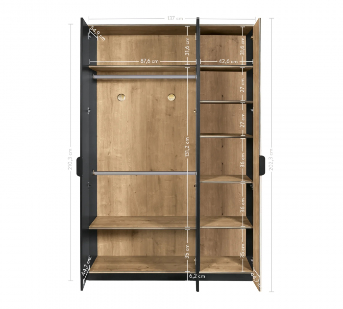 Dulap din pal cu 3 usi si oglinda, pentru tineret Colectia Black, 137x59x210 cm [3]