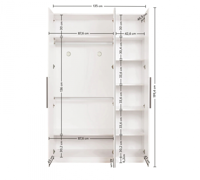 Dulap cu 3 usi si oglinda, pentru tineret Colectia White, 135x44x209 cm [4]