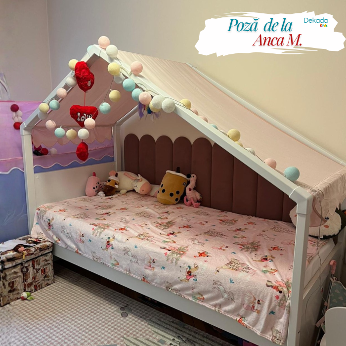 Pat 90x200 cm, cu copertina roz, pentru camera copil, Colectia Montes White [2]