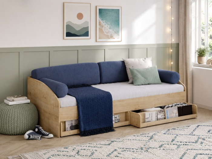 Pat cu 2 sertare si 4 perne, pentru copii Daybed Stejar, 200 x 90 cm [2]