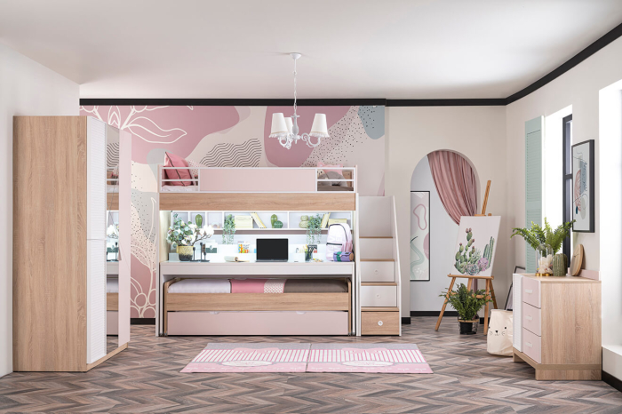 Pat etajat pentru copii cu spatiu de depozitare, birou pentru studii, Colectia  Angel City [3]