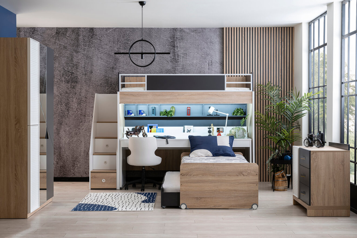 Pat etajat pentru copii cu spatiu de depozitare, birou pentru studii, Colectia New City [7]
