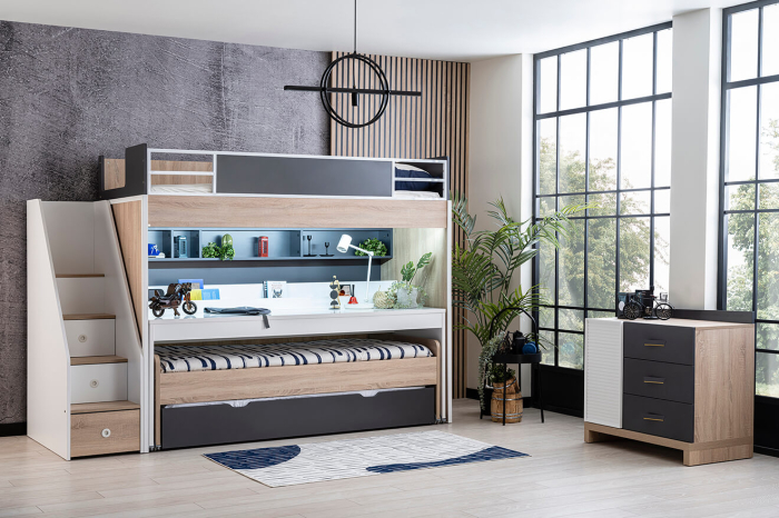 Pat etajat pentru copii cu spatiu de depozitare, birou pentru studii, Colectia New City [4]