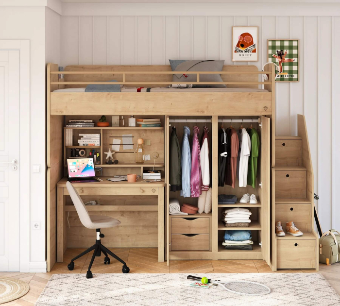 Pat etajat pentru copii Studio Mocha, cu birou si dulap – saltea 90x200 cm [3]