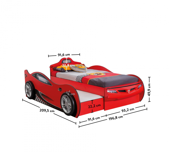 Pat mașinuță pentru copii Race Cup Red (190x90 cm) cu pat suplimentar (90x180 cm) [8]
