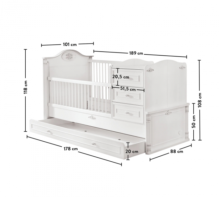 Patut transformabil pentru bebe Romantic Baby White, 180 x 80 cm [10]