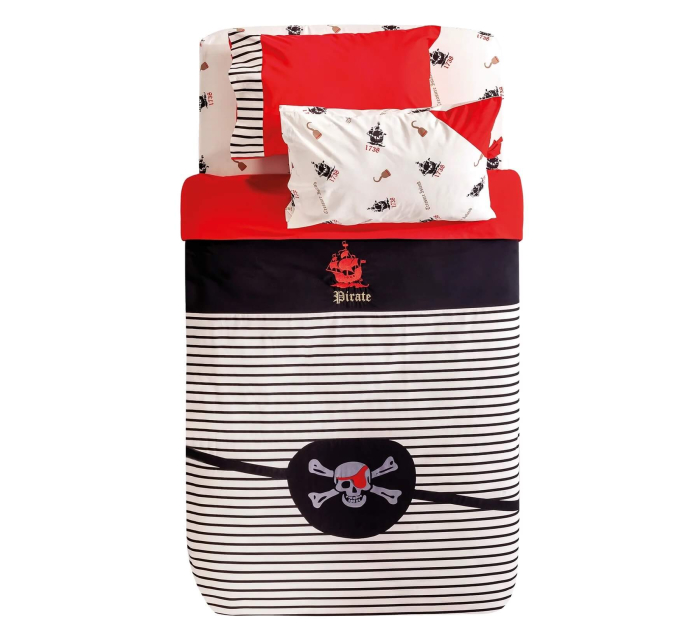 Set lenjerie pat copii cu husa pilota 4 piese – tematica pirati, 100% bumbac, 160x220 cm [1]