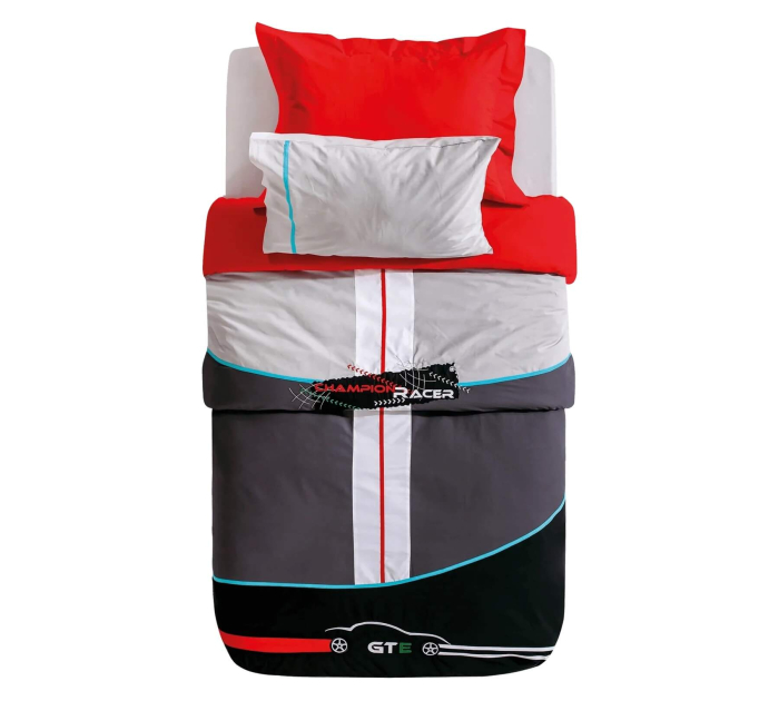 Set lenjerie pat copii cu husă pilotă 4 piese – tematică mașini de curse GTE, 100% bumbac, 160x216 cm [1]